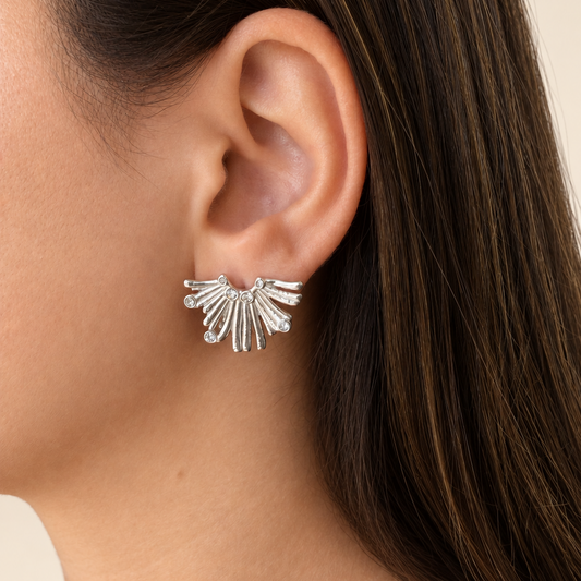 Waterproof silver half floral burst earrings