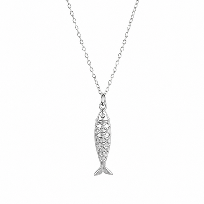 A silver fish pendant necklace with a detailed scale pattern, hanging from a delicate silver chain against a plain white background.
