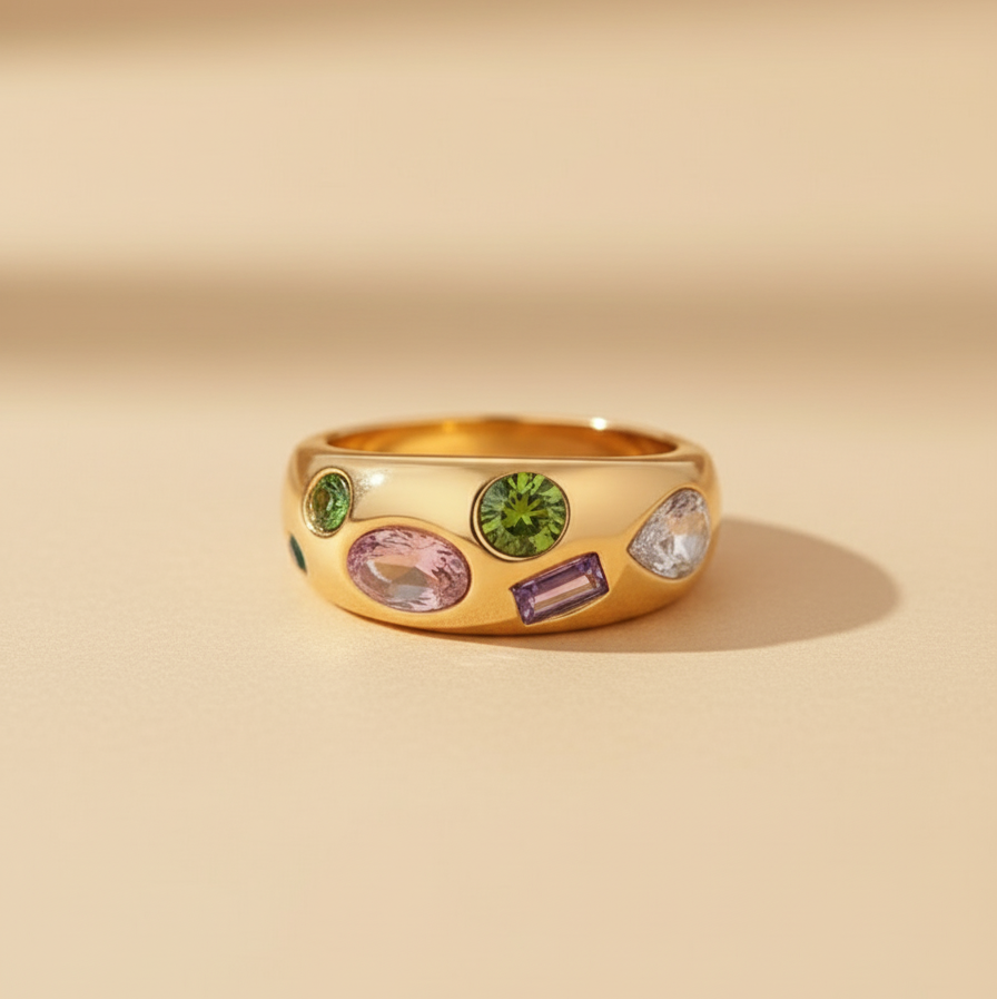 Gold ring with colorful gemstones on a beige background
