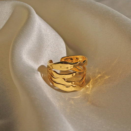 wavy multi layered 18k gold plated stainless steel adjustable ring